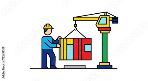 Construction worker guiding a large cargo container lifted by a crane.