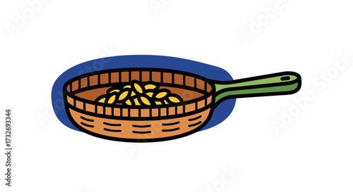 A simple cartoon illustration of a kitchen colander with beans.