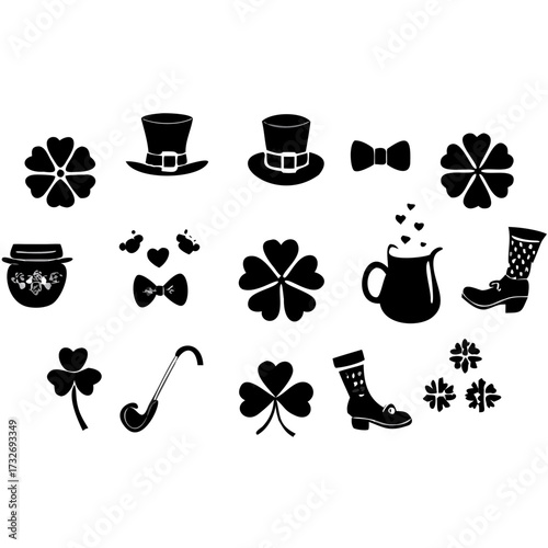 St Patricks day silhouette vector,  Collection of silhouette elements for st patrick's day,  St Patricks Day Linocut Clipart, SVG Irish Charm, St Pattys Day Celebrations Illustration, Lucky Silhouette