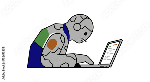 A simple cartoon illustration of a robot working on a laptop.