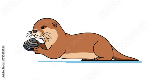 Cute cartoon river otter holding a clam shell.
