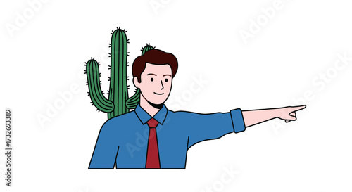 Young businessman in a blue shirt and red tie pointing.