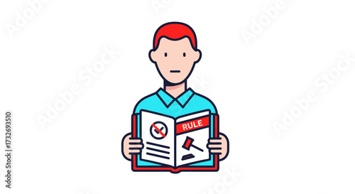 Vector icon of a person reading a rule book with a gavel symbol.
