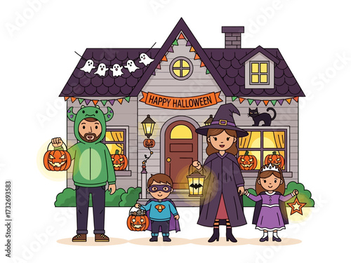 Halloween Night: A family in costumes stands on the doorstep of a festively decorated house, lanterns glow brightly amidst the Halloween decorations, conjuring an atmosphere of spooky family fun.