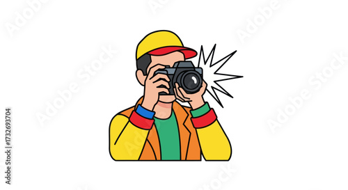 Cartoon illustration of a photographer taking a picture with a flash.