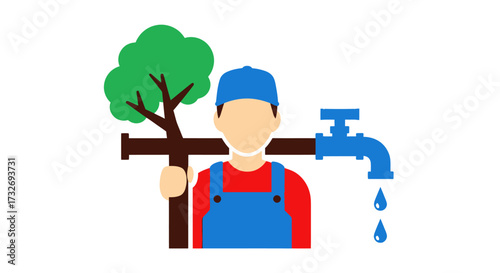 Plumber connecting nature and water supply illustration.