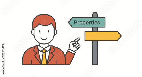 Cartoon businessman pointing towards a properties signpost.