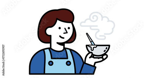 Illustration of a smiling woman in an apron holding a steaming bowl of food.