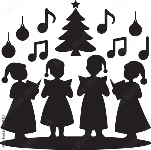 Children's christmas carolers singing festive songs around a decorated tree with ornaments