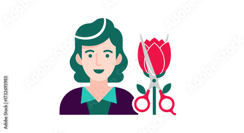Female florist character with scissors and red flower.