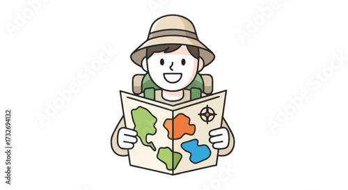 Cheerful cartoon explorer boy holding a map for adventure.