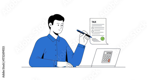 Man filling out tax form with laptop and calculator.
