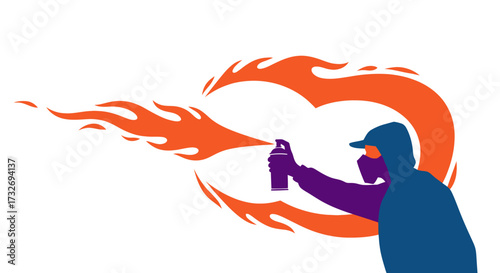 Silhouette of a graffiti artist spraying a heart of fire.