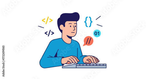 Young male programmer focused on writing code on a keyboard.