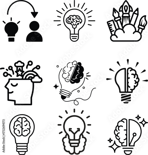 Creativity icon Ideas & Inspiration Icon Light Bulb Creative thought linear icon set. brainstorming and idea generation symbols Design Tools Icon Brain inside lightbulb icon in black creativity 