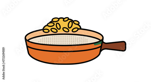 Simple cartoon illustration of beans cooking in a pan.