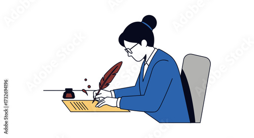 Professional woman in a suit writing with a classic quill pen.