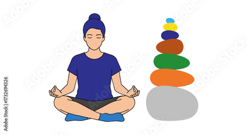 Hand drawn illustration of a person meditating with stacked stones.
