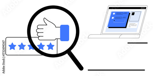 Magnifying glass over thumbs-up and star rating beside computer screen displaying feedback. Ideal for customer satisfaction, online review, feedback system, quality analysis, user experience, trust