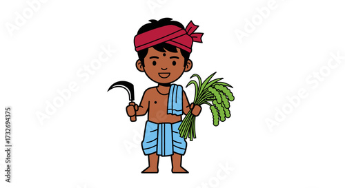 Cartoon illustration of a young Indian farmer holding a sickle.