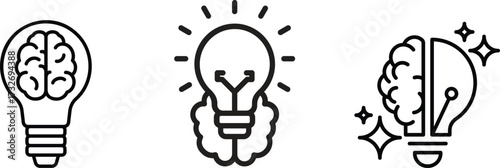 Creativity icon Ideas & Inspiration Icon Light Bulb Creative thought linear icon set. brainstorming and idea generation symbols Design Tools Icon Brain inside lightbulb icon in black creativity 