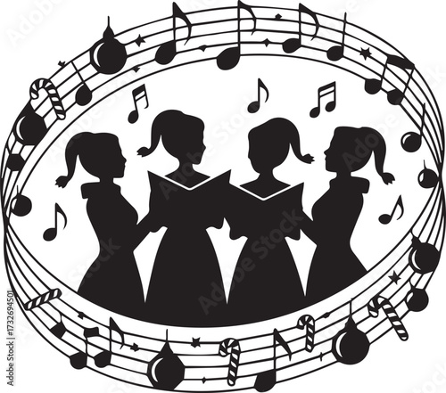 Four silhouettes of carolers singing joyful christmas music surrounded by festive musical notes