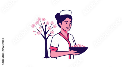 Illustration of a female nurse in uniform holding a bowl.