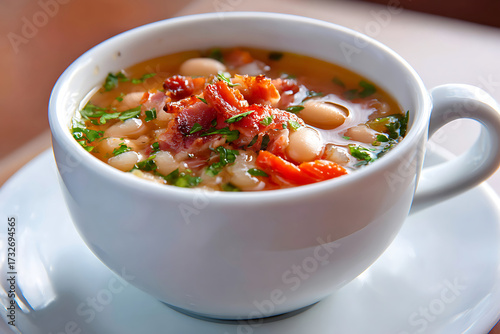 Hearty white bean and bacon soup in a white ceramic cup, garnished with fresh parsley