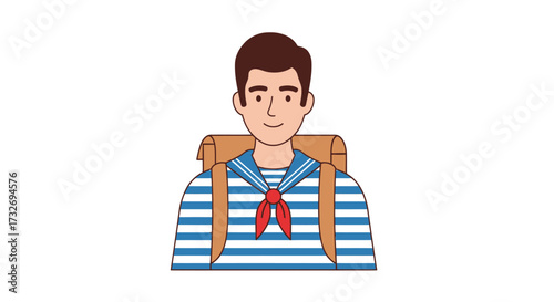 Cartoon illustration of a young man in a sailor shirt with a backpack.
