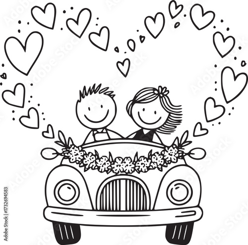 Sweethearts on Their Journey: This whimsical illustration captures a joyful couple on their wedding day, nestled together in a vintage car and framed by a heart-shaped garland of love and celebration.