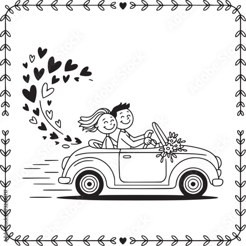 Love Journey: A couple in a vintage car embarks on a romantic journey, with hearts trailing, symbolizing love and happiness, surrounded by a decorative frame. 