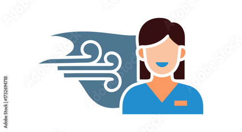 Flat vector icon of a female professional with wind symbol.