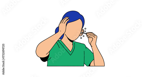Faceless woman with blue hair cleaning her ear with a cotton swab.