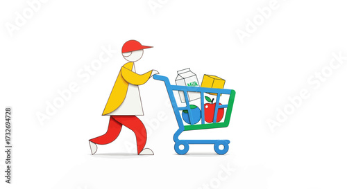 Stylized person with a red cap pushing a shopping cart full of groceries.