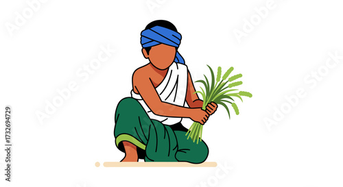 Vector illustration of an Indian farmer holding rice seedlings.