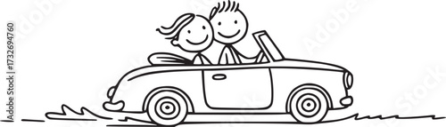 Driving into Happiness: A charming illustration depicts a cheerful couple joyfully cruising in a convertible car, embodying freedom and the thrill of the open road.
