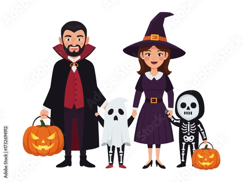 Halloween Family Gathering: A family dressed in festive Halloween costumes stands together. They are holding a jack-o'-lantern and ready for trick-or-treating, expressing Halloween cheer and unity.
