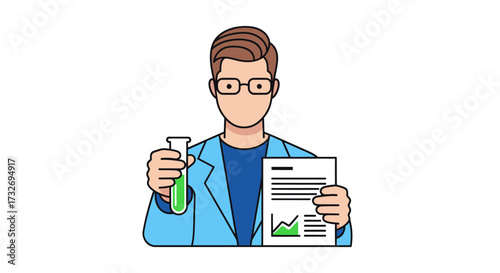 Male scientist character holding a test tube and report.