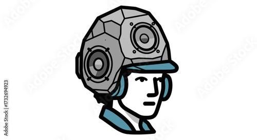 Stylized illustration of a person wearing a futuristic audio helmet.