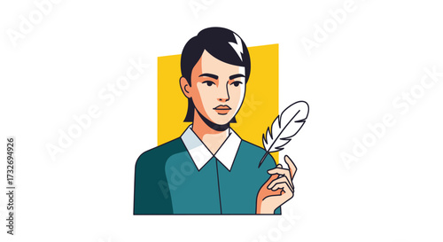 Stylized illustration of a young writer holding a feather quill.
