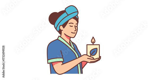 Woman in bathrobe and towel enjoying a relaxing aromatherapy candle.