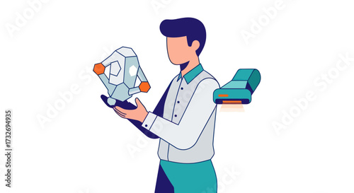 Man holding a futuristic drone and interacting with technology.