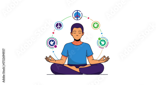 Man meditating in lotus pose managing life icons.