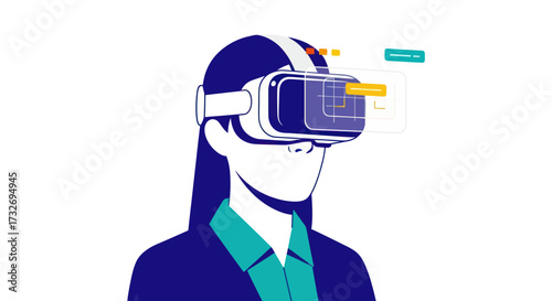 Woman in business attire using a virtual reality headset.