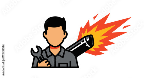 Mechanic icon with wrench and a loud backfiring car exhaust.