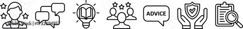 icon set, creativity teamwork learning feedback protection analysis symbols, professional development illustration, business concept graphics for education and training