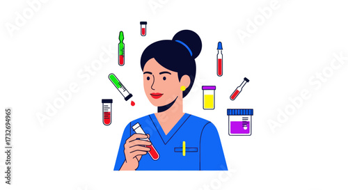 Female lab technician holding a blood sample test tube for analysis.