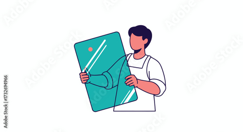 Man in an apron peeling a protective film from a large panel.