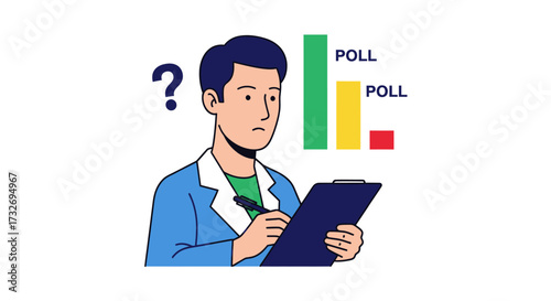 Thoughtful man with a question mark analyzing poll data.