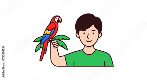 Young man holding a beautiful colorful scarlet macaw parrot.